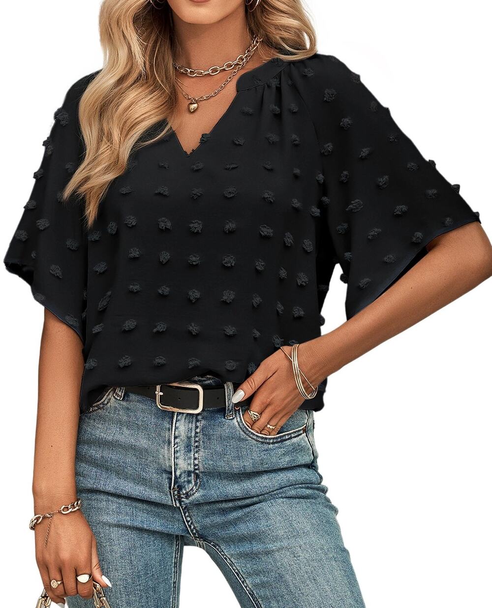 siliteelon Womens V Neck Blouse Shirt Swiss Dot Pom Pom Short Sleeve S Black